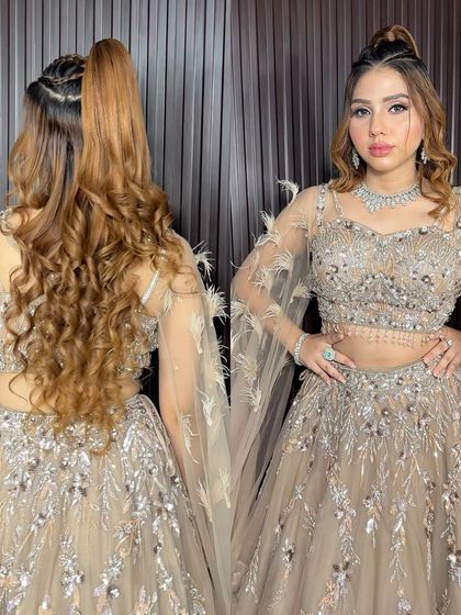 A front and back view of the high ponytail with front braids and curls. This is a great example of a complete party look.