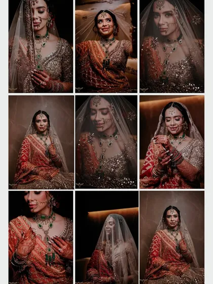 This nine-grid collage showcases the versatility of a single bridal look. We captured a range of expressions and poses, from joyful smiles to serene, introspective moments, all under dramatic lighting.