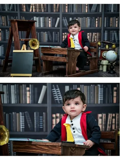 Two more views from the magical library session. These shots highlight the detailed props and the baby's adorable expressions, making for a memorable wizard-themed photoshoot.