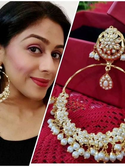 My white Jadau Chandbali earrings. The all-pearl and white stone look gives these hoops a serene and elegant appeal, perfect for pairing with any colour.