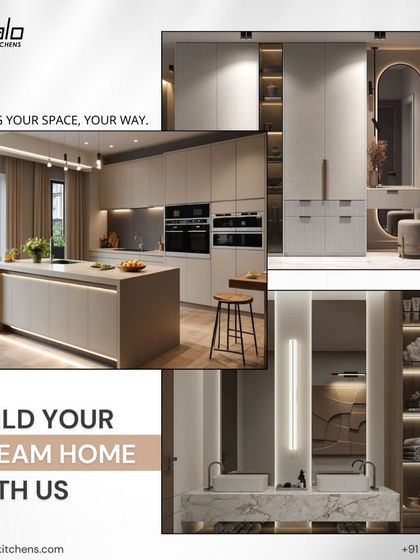 Build your dream home with us. This collage showcases the breadth of our design capabilities, from stunning island kitchens to elegant vanities and complete wardrobe systems.