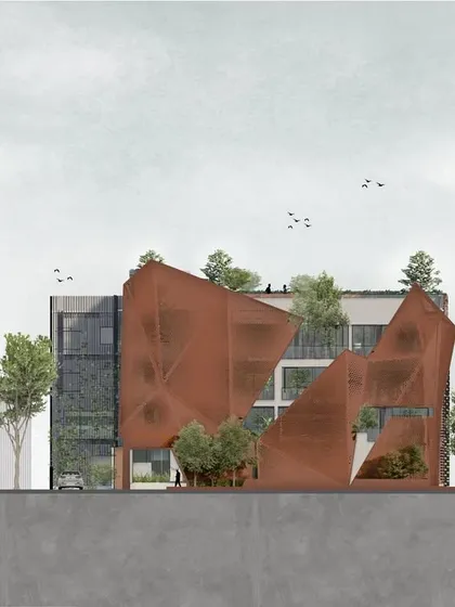 This elevation drawing of our office building in Chennai emphasizes the concept of a "mountain facade." The design incorporates a perforated corten steel screen and a living green facade to provide shading and passive cooling.