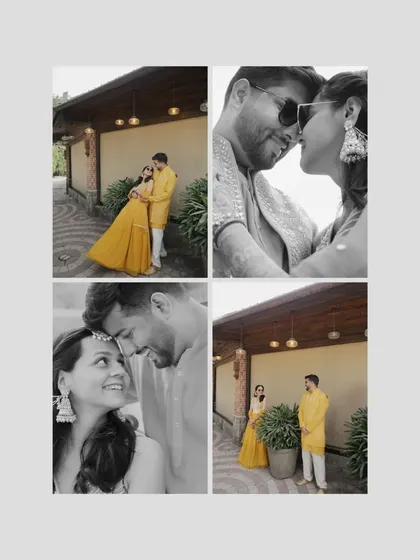 A collage of black and white and color portraits from a Haldi ceremony, capturing both intimate moments and stylish poses.