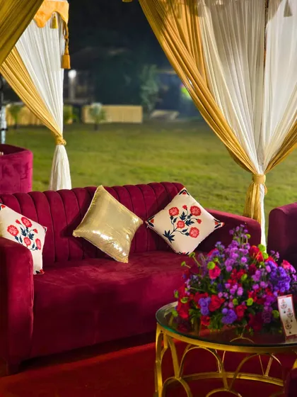A detail shot of the custom cushions and rich velvet sofas inside the Sufi night cabana. It's these coordinated details that create a truly high-end look.