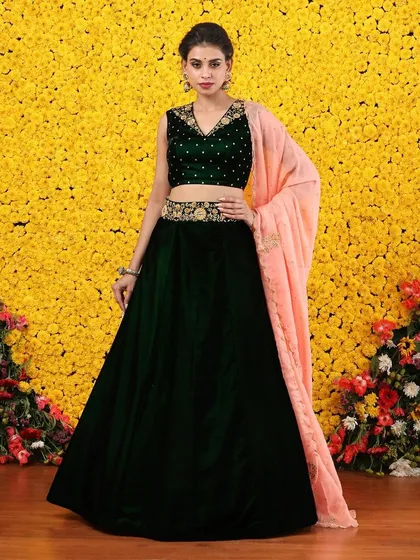 This image, part of a "Wedding Essentials" collage, highlights the green velvet lehenga as a key piece for a modern trousseau.