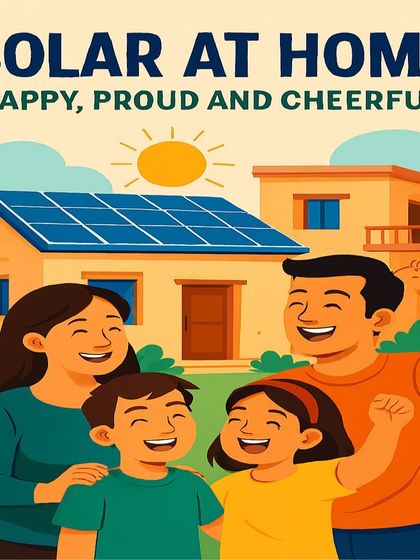 A happy family in front of their solar powered home. This illustration captures the feeling of pride and security that comes with generating your own clean electricity.