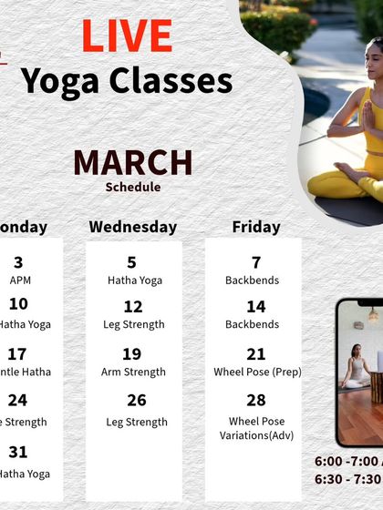 The live yoga class schedule for March. This month, we focused on building up to Wheel Pose with classes on backbends, core strength, and arm strength.