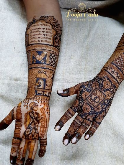 A unique design that incorporates the couple's love story timeline, from the day they met as classmates to their wedding day, written beautifully on the forearm.