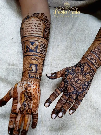 A unique design that incorporates the couple's love story timeline, from the day they met as classmates to their wedding day, written beautifully on the forearm.