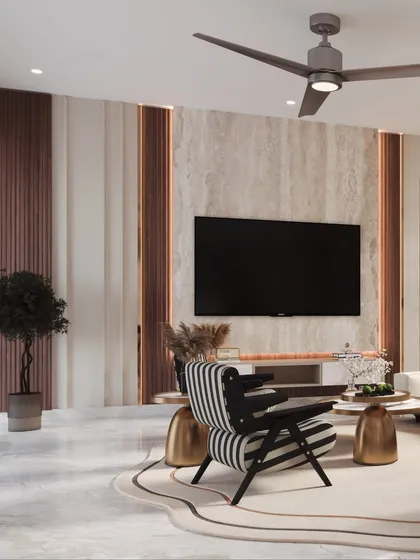 This shot centers the striped armchair against a backdrop of varied textures, including a marble TV wall and fluted wood panels, showcasing a rich material palette.