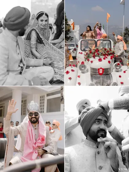 A black and white collage of moments from a Sikh wedding: the groom's baraat in a vintage car, the serene ceremony, and the tying of the turban.