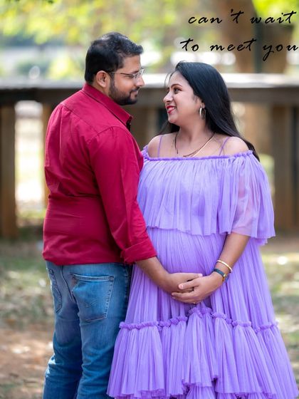 A sweet and loving portrait of a couple expecting their little one. The mom-to-be is in a lovely lavender dress, and the text "can't wait to meet you" adds a personal touch.