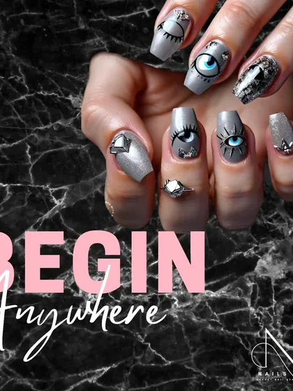 Our evil eye nail art, a reminder to "Begin Anywhere." Let your nails be a canvas for art that inspires you.