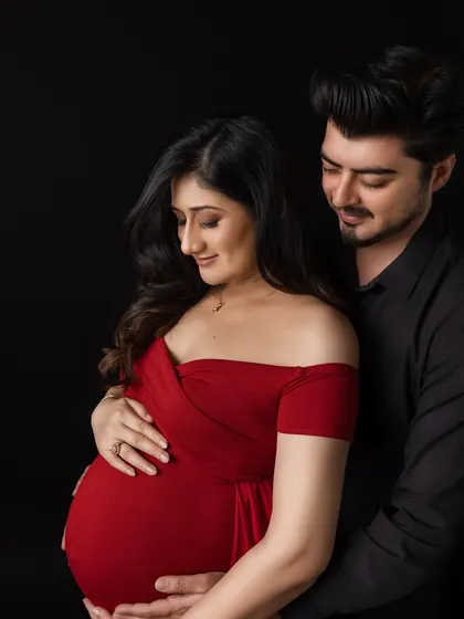 A close-up portrait that captures the intimacy and shared love between the expecting parents.