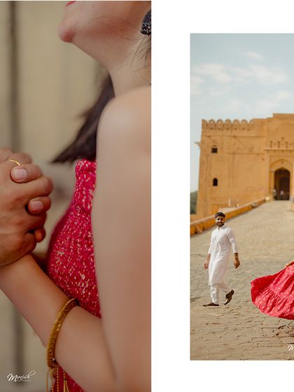 A collage capturing the vibrant colors and royal architecture of Jaipur during Kartik and Surbhi's pre-wedding shoot at Amer Fort.