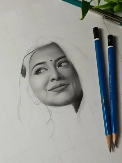 A work-in-progress shot of a beautiful portrait. Here you can see the face is almost complete, with just the hair and clothing left to be detailed.