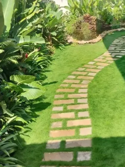 A winding stone pathway through the lush garden of a Total Environment home. The path is designed to slow one's pace, encouraging a mindful journey through the dense, tropical foliage.