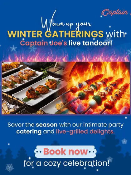 There's nothing like the aroma of a live tandoor to warm up a party. This image highlights our popular live-grilled delights, perfect for winter gatherings, where guests can enjoy freshly made kebabs and tikkas straight from the fire.