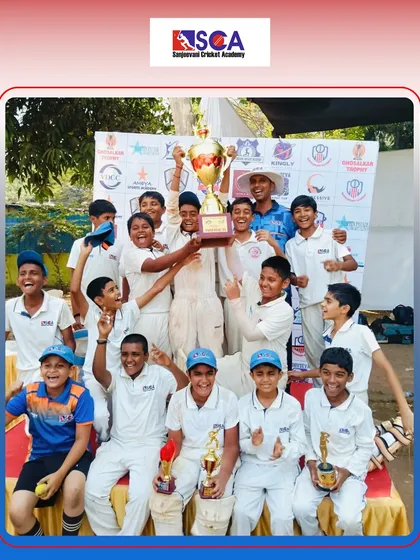 Pure joy and celebration as our U-12 team lifts the Arth & SG Sports Trophy after a fantastic 8-wicket win in the final.