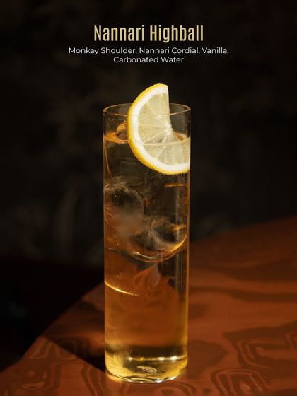 The Nannari Highball, a simple yet elegant drink. Monkey Shoulder is mixed with our house-made nannari cordial, vanilla, and carbonated water for a smooth, aromatic highball.