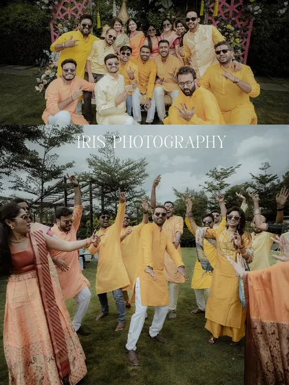 The whole squad gets in on the fun. These photos show the groom's side posing and dancing at the Haldi ceremony, a celebration filled with friends and family.