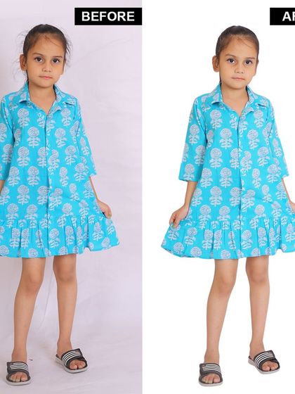 A before and after comparison for a kidswear photoshoot. You can see how we transform a standard studio photo into a bright, clean image ready for online selling.