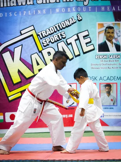 A proud moment as I, Renshi Sajesh P, personally award a new yellow belt to a young student. This signifies his successful completion of the grading exam and his progression in the art of Okinawa Shorin-Ryu Karate, a key milestone in his martial arts journey.