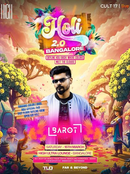 A poster for "Holi 2.0" in Bangalore, highlighting a specific artist, Barot. I create individual artist posters for my festival lineups to give each performer a spotlight and appeal to their specific fanbase.
