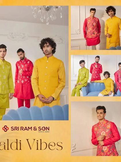 Haldi Vibes. A collage of our vibrant kurta and jacket sets in shades of yellow, green, and pink, perfect for the entire groom's squad at a Haldi ceremony.