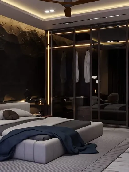 This render highlights the sleek, glass-front wardrobe with integrated lighting. It not only provides ample storage but also adds to the room's modern and luxurious aesthetic.