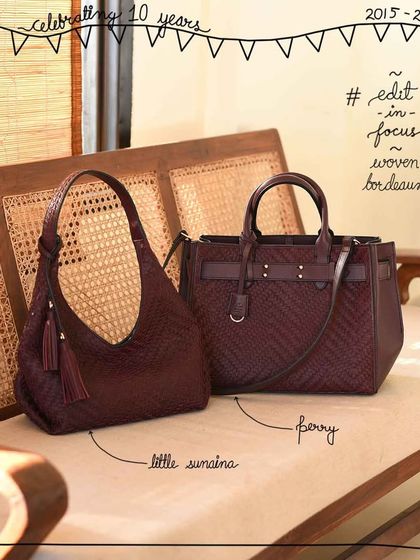 The Little Sunaina and Perry bags in Woven Bordeaux. The hand-matted leather work brings out the beauty of this rich, matte, and lightweight sheepskin.