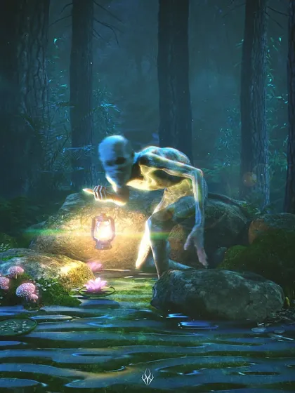 I created this piece to explore a mix of eerie and beautiful. The hunchbacked creature, with its blurred face, is contrasted by the serene swamp setting with glowing flowers and a warm lantern. This shows my range in creating different horror moods.