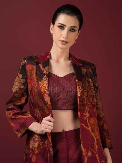 A chic co-ord set from Q by Sonia, featuring a printed blazer, a bustier top, and matching trousers in a deep maroon hue.