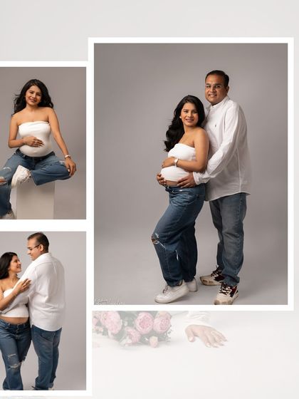 A collage of a couple's casual session. Their matching white tops and jeans create a clean, cohesive, and modern look.