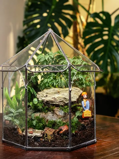 This hexagonal terrarium, or wardian case, features a tiny figurine on a journey through a rocky, green landscape. It's a statement piece that blends art and nature beautifully.