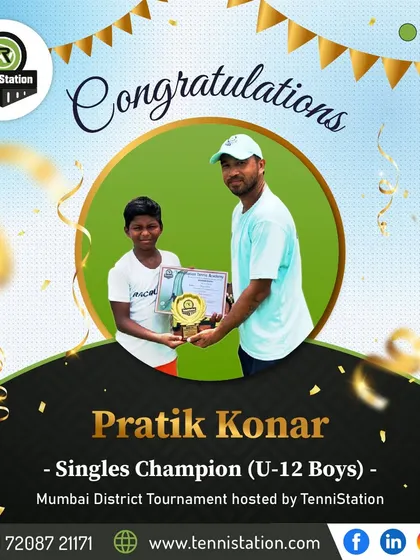 We celebrate every victory, big or small. Here we congratulate Pratik Konar on becoming the Singles Champion for U-12 Boys at a Mumbai District Tournament we hosted, showcasing the talent and hard work of our young champions.