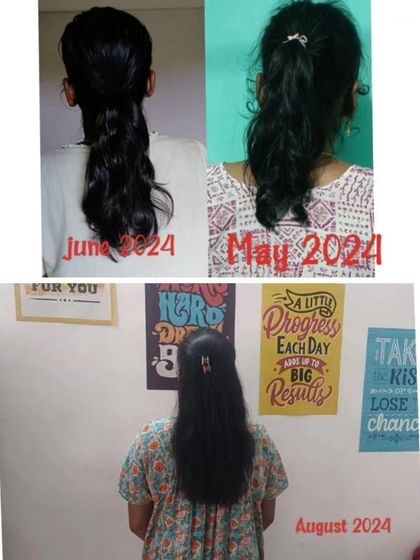 This series of photos documents a customer's hair transformation from May to August 2024 using my Hair Booster Kit. You can see the visible improvement in hair length and texture over just a few months.