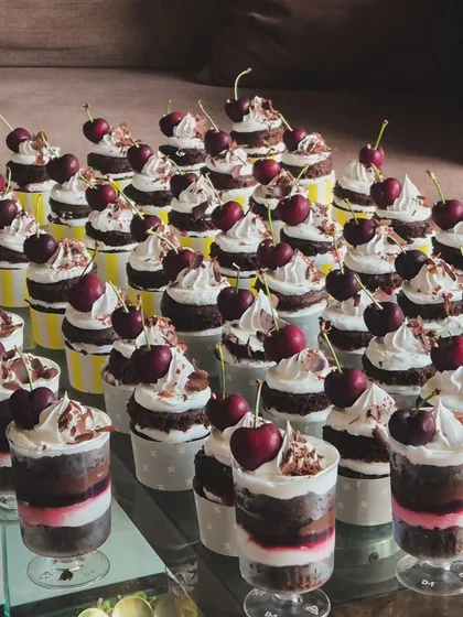 I also offer my Black Forest flavor in dessert cups. These have all the same delicious layers of the cupcakes but in a convenient, ready-to-eat format.