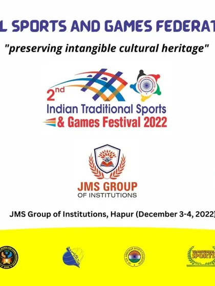 A detailed announcement for the 2nd Indian Traditional Sports & Games Festival, listing events like Gilli-Danda, Mallyuddha, and Rassikud (Rope-skipping).