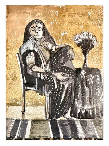 A beautiful, traditional-style watercolour painting of a woman in a sari, seated gracefully. This piece has a timeless, classic feel.