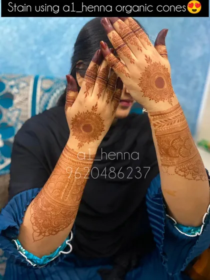 The beautiful, developed stain of a full-arm bridal design using my organic cones. Notice the consistent, rich color from the wrist to the elbow.