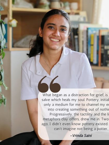 This is Vrinda, another of our participating potters. She beautifully describes how pottery started as a distraction from grief and became a healing medium for her soul.