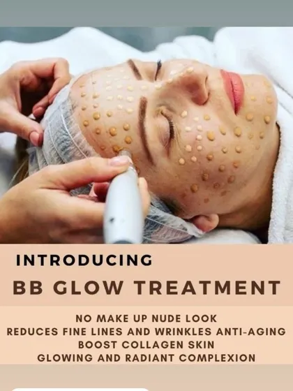 This graphic explains the core benefits of my BB Glow treatment. It is a non-invasive procedure designed to give you a "no makeup" nude look by boosting collagen, reducing fine lines, and creating a radiant complexion.