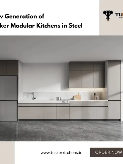 This is the new generation of modular kitchens. A minimalist design in neutral grey tones with handleless cabinets and an integrated refrigerator creates a clean, uncluttered look perfect for modern homes.
