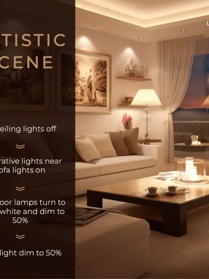 Set an artistic scene for a relaxing evening. This custom mood dims ceiling and cove lights while activating decorative lamps near the sofa, creating a warm and sophisticated ambiance.