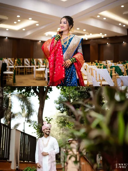 A collage of the bride and groom's individual portraits, capturing their elegance and anticipation on their wedding day.