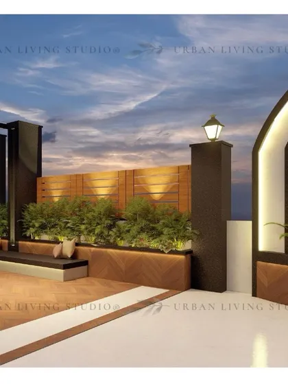 A close-up of the seating area and arched feature in our Gurgaon design. The warm lighting and rich wood textures create an inviting atmosphere.