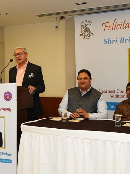 Listening intently as Shri Brijender Chahar Ji addresses the gathering after his felicitation. It is inspiring to hear from such accomplished individuals in our field.
