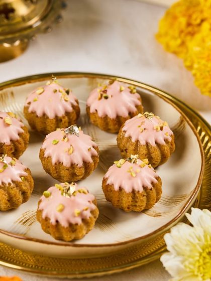 Our pretty-in-pink Pistachio Rose Mawa Cakes from the Ganpati menu. These little cakes are as delightful to look at as they are to eat.