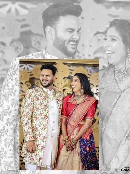 A creative collage from another Haldi, blending a black and white background with a vibrant color photo of the laughing couple.